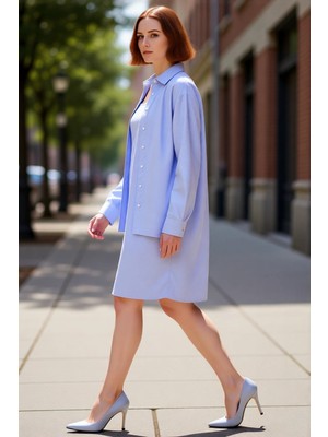 PayBuy Kadın Büyük Beden Çizgili Dokuma Mini Elbise ve Uzun Kollu Gömlek Ikili Rahat Takım Kaliteli