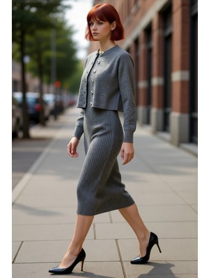 PayBuy Kadın Gri Midi Bodycon Triko Elbise ve Kısa Hırka Ikili Takım Sonbahar Kış Stili Kaliteli Şık