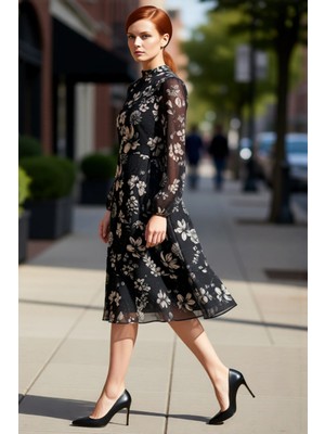 PayBuy Kadın Şal Desenli Astarlı Volanlı Şifon Midi Elbise Dik Yaka Uzun Balon Kollu A Kesim Kaliteli