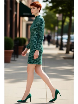 PayBuy Kadın Yeşil Geometrik Desenli Dik Yaka Bodycon Ispanyol Kol Mini Örme Kışlık Elbise Şık Iş Ortamı