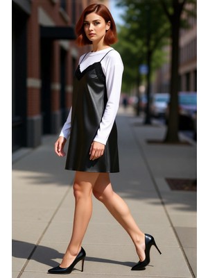 PayBuy Kadın Siyah A Line Kesim Dantel Detaylı Askılı Suni Deri Mini Elbise Cool Comfort Stil Kaliteli