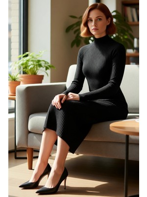 FRM Kadın Düz Desen Midi Elbise Örme Kumaş Bodycon Kalıp Dik Yaka Uzun Kollu Yırtmaçlı Şık ve Rahat