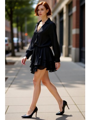 PayBuy Kadın Siyah Şifon Gömlek Yaka Mini Elbise Düşük Kol Detaylı Günlük Kullanım Için Ideal Kışlık