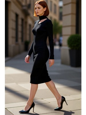 PayBuy Kadın Bodycon Kesim Midi Uzun Kollu Triko Elbise Dik Yaka Cut Out Detaylı Şık Fitilli Tasarım