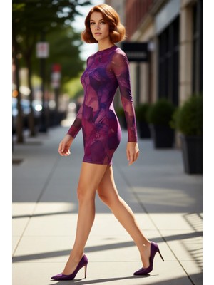 PayBuy Kadın Çok Renkli Soyut Desenli Tül Bodycon Mini Elbise Uzun Kollu Şık ve Modern Gündüz Gece Tasarım