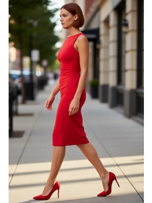 PayBuy Kadınlar Için Şık ve Modern Bodycon Midi Elbise Asimetrik Yaka Detaylı Kolsuz Tasarım Kaliteli