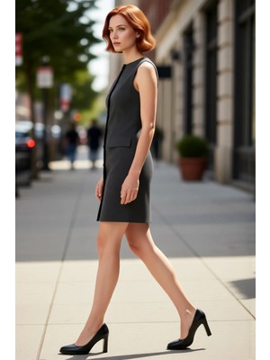 PayBuy Kadın Antrasit Düz Kolsuz Mini Ceket Elbise Modern Ofis Şıklığı Için Ideal Dokuma Tasarım Kaliteli