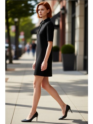 PayBuy Kadın Polo Yaka Tüvit Dokulu Shift Kalıp Kısa Kollu Mini Elbise Günlük Şık Kullanım Için Ideal