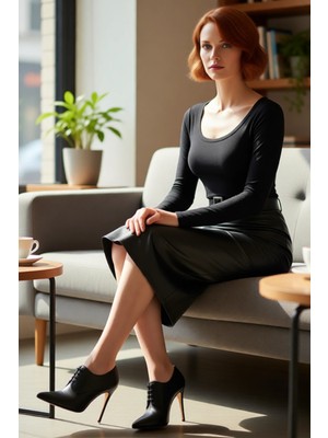 FRM Kadın Siyah Kemerli Suni Deri Bodycon Midi Elbise Uzun Kollu Bisiklet Yaka Modern Kesim Kaliteli