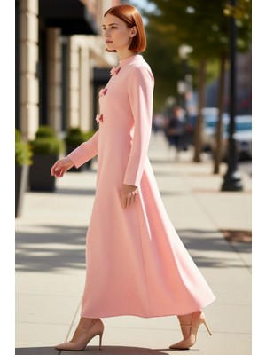 PayBuy Kadın Maxi Boy Dokuma Düz Desen Kurdele Detaylı Skater Siluet Standart Kol Şık Elbise Kaliteli