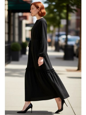 PayBuy Kadın A Line Kuşaklı Krinkıl Dokuma Maxi Elbise Modern Bisiklet Yaka Uzun Kollu Şık Tasarım