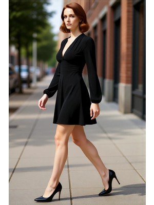PayBuy Kadın Skater V Yaka Uzun Kollu Düz Elbise Polyester Karışımlı Ilkbahar Sonbahar Şıklığı Kaliteli