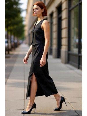 PayBuy Kadınlara Özel Bodycon Kesim Çizgili V Yaka Kolsuz Midi Örme Elbise Akıllı Tasarım Düğmeli Şıklık