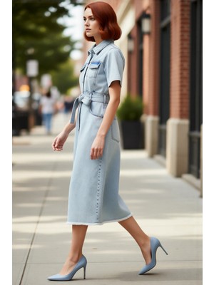 PayBuy Kadınlar Için Gömlek Yaka Kemerli Maxi Boy %100 Pamuklu Denim Rahat Günlük Astarsız Elbise