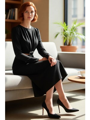 FRM Kadın Fashion Forward Tarz Uzun Kollu Midi Boy Dokuma Anvelop Kesim Cut Outlı Kış Elbisesi