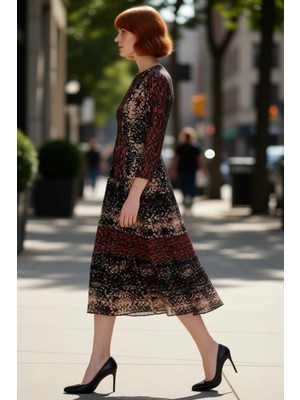 PayBuy Kadın Maxi Boy Şifon Astarlı Animal Desenli Hakim Yaka Uzun Kollu Skater Elbise Kaliteli Şık