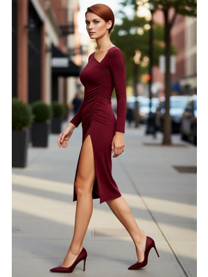 PayBuy Kadın Bodycon Uzun Kollu Asimetrik Yaka Yırtmaçlı Midi Örme Elbise Özel Günler Için Şık ve Modern