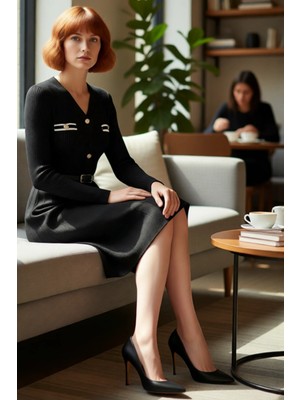 FRM Kadın Siyah Polyester Midi Elbise Standart Kol V Yaka Kemerli Düğme Detaylı Şık Kış Kombinleri