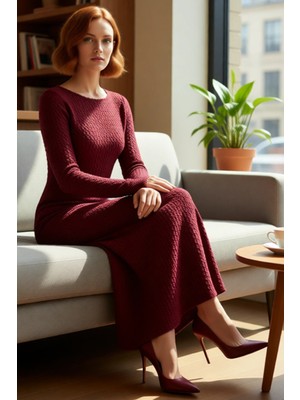 FRM Kadın Gofre Dokulu Maxi Elbise Bodycon Kesim Uzun Kollu Kayık Yaka Sırt Dekolteli Kış Stili