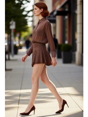 PayBuy Kadın Gömlek Yaka Uzun Kollu Skater Şifon Elbise Şık Ilkbahar Sonbahar Davet Stili Için Ideal