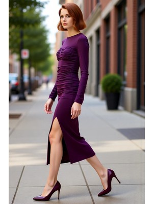 PayBuy Kadın Bodycon Kalıp Uzun Kollu Midi Boy Düz Bisiklet Yaka Elbise Şık Gece Kombinleri Için Kışa Özel