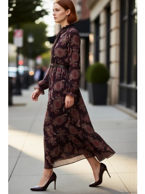 PayBuy Kadın Kahverengi Şal Desenli Kemerli Balon Kol Maxi Şifon Astarlı Tesettür Elbise Günlük Kaliteli