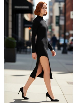 PayBuy Kadın Bodycon Uzun Kol Dik Yaka Yırtmaçlı Poliviskon Kaşkorse Örme Midi Elbise Kışa Özel Kaliteli