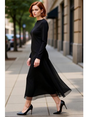 PayBuy Kadın Siyah Bodycon Kayık Yaka Uzun Kollu Astarlı Maxi Boy Asimetrik Tül Detaylı Örme Elbise
