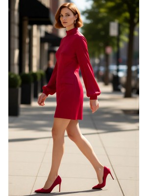 PayBuy Kadın A Kesim Mini Elbise Dik Yaka Balon Kol Tasarımıyla Şık Dokuma Kışlık Kombinlerinize Kaliteli