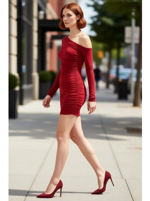 PayBuy Kadın Kırmızı Bodycon Uzun Kollu Asimetrik Yaka Mini Elbise Şık Gece Kombinleri Için Ideal