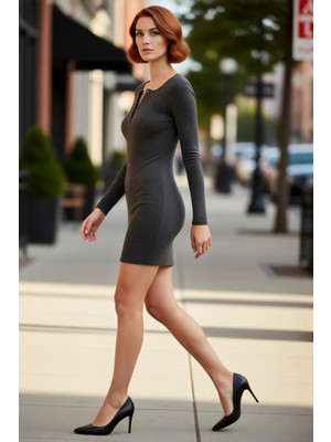 PayBuy Kadın Bodycon Fitilli Örme Uzun Kollu Çıtçıt Detaylı Mini Elbise Günlük ve Şık Kombinler Için