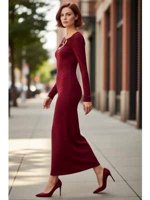 PayBuy Kadın Bodycon Kesim Aksesuar Detaylı Uzun Kollu Maxi Örme Elbise Şık Gündüz Gece Kombinler Için.