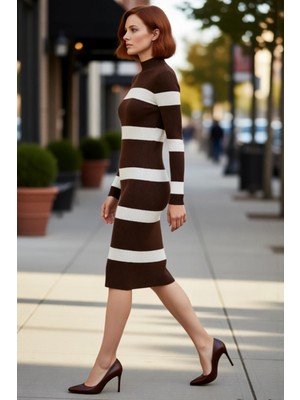 PayBuy Kadın Triko Çizgili Bodycon Midi Elbise Dik Yaka Uzun Standart Kol Akrilik Rahat Şık Tasarım