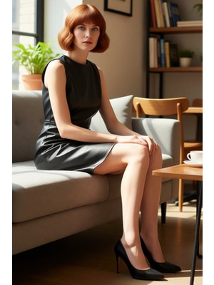 FRM Kadın Siyah Düz Kruvaze Mini Elbise Poliüretan Materyal Kolsuz Bisiklet Yaka Şıklığı Sonbahar Kış