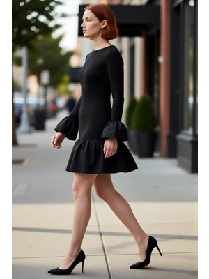 PayBuy Kadın Bodycon Uzun Kollu Volanlı Mini Elbise Şık Gece Davetleri Için Bisiklet Yaka Örme Tasarım