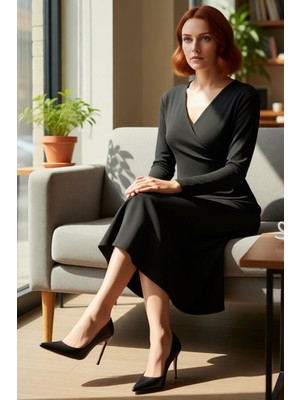 FRM Kadın Düz Örme A Line Maxi Elbise Uzun Kollu V Yaka Kruvaze Düğmeli Gündüz Gece Şıklığı Kaliteli