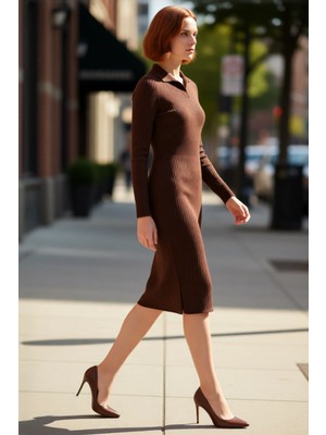 PayBuy Kadın Triko Bodycon Midi Uzun Kol Polo Yaka Düz Elbise Şık ve Konforlu Kışlık Günlük Giyim