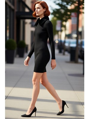 PayBuy Siyah Kadın Bodycon Triko Mini Elbise Fermuarlı Polo Yaka Uzun Standart Kollu Suni Kürk Detaylı