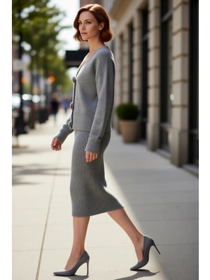 PayBuy Kadın Bodycon Midi Etekli V Yaka Triko Hırka Ikili Takım Yumuşak Dokusuyla Günlük Şıklık Sunar