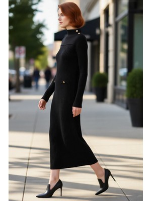 PayBuy Kadın Dik Yaka Uzun Kollu Maxi Boy Ribana Triko Elbise Şık Düğme Detayları Ile Kışlık Günlük Şıklık