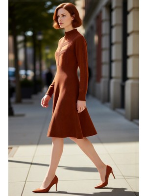 PayBuy Kadınlar Için Bej Rengi A Kesim Balon Kol Dik Yaka Akrilik Triko Mini Elbise Kış Kombinleri.