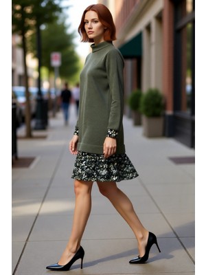 PayBuy Kadın Selanik Örme Dik Yaka Uzun Kol Shift Kalıp Mini Elbise Çiçek Desenli Günlük Şıklık Kaliteli