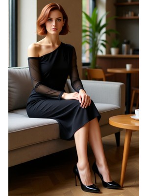 FRM Kadın Siyah Bodycon Midi Elbise Asimetrik Yaka Düz Örme Kumaş Uzun Tül Kol Astarlı Kış Modasına Özel