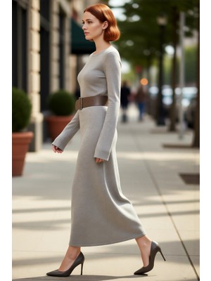 PayBuy Kadın Siyah Triko Maxi Elbise Havuz Yaka A Kesim Kemerli Uzun Kollu Şık Günlük Kombinler Için Ideal