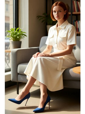 FRM Kadınlar Için Düz Desenli Kısa Kollu Gömlek Yaka Maxi Boy %100 Pamuk Denim Elbise Kaliteli