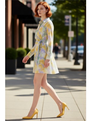 PayBuy Kadın Skater Kalıp Çiçekli Şifon Gömlek Yaka Kuşaklı Mini Elbise Ilkbahar Sonbahar Şıklığı