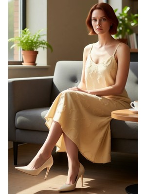 FRM Kadın Casual Midi Boy Ince Askılı Havuz Yaka A Line Dokuma Elbise Yaz ve Ilkbahar Kombinleri Icin