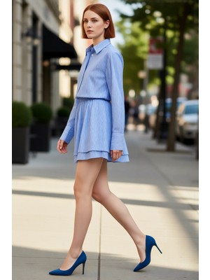 PayBuy Kadın Mavi Çizgili Gömlek Yaka Düşük Kol Poplin Mini Elbise Bel Lastik Detaylı Günlük Şıklık