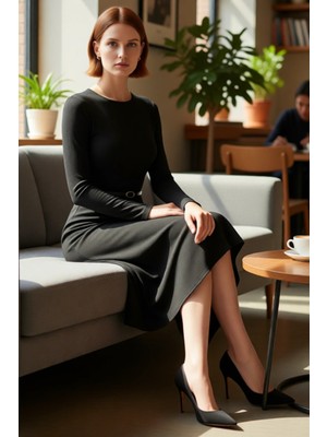 FRM Modern Kadın Havuz Yaka Düz Desen Uzun Kollu A Line Maxi Elbise Kemer Detayıyla Kışa Özel Kaliteli