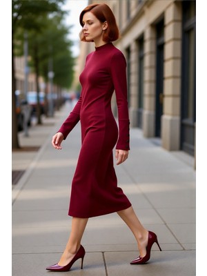 PayBuy Kadın Bodycon Dik Yaka Düz Uzun Kollu Düğme Detaylı Midi Örme Elbise Şık ve Konforlu Tasarım